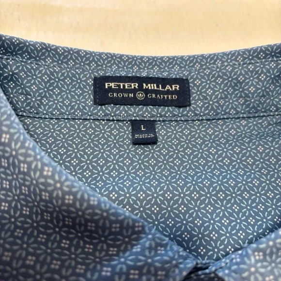 Peter Millar Sz L Polo Shirt Blue Floral Print Golf Performance Stretch Crown - Picture 2 of 3
